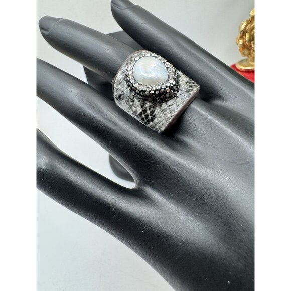 Snake Skin Baroque Pearl Marcasite And Rhinestone Wide Ring - Picture 3 of 11